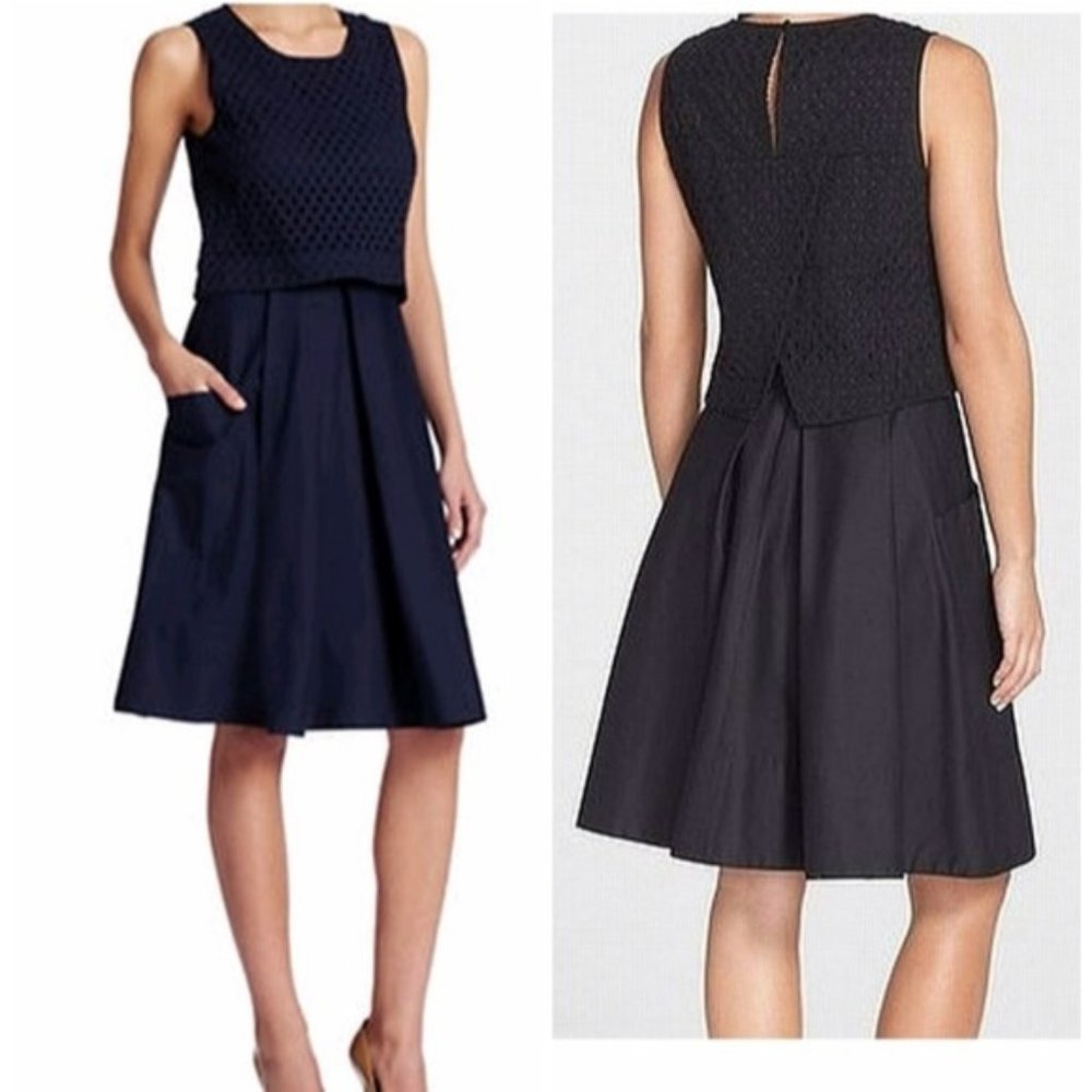 Eliza J Eyelet Pleated A-Line Popover‎ Dress BOHO STYLE Black SIZE 8